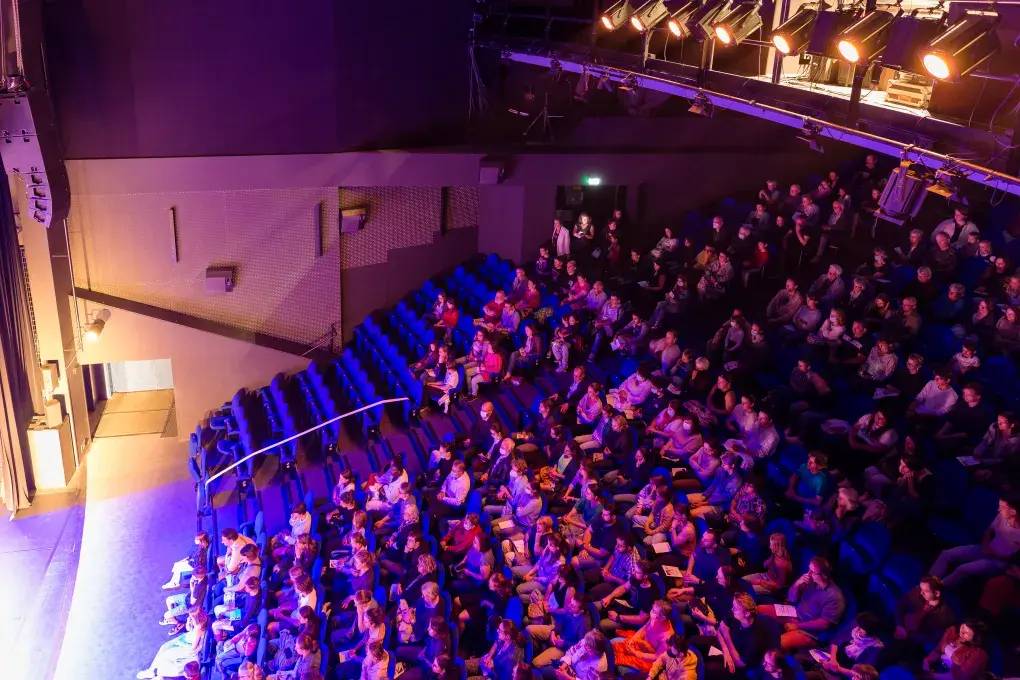 Une salle de spectacle avec un public assis, lors d'une représentation